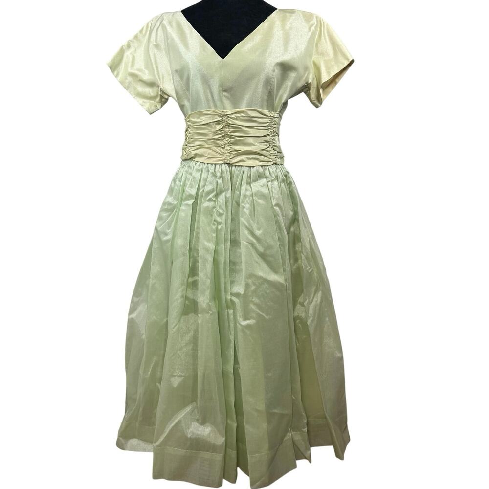 Vintage 50s Midi Formal Dress Mint Green Satin Cummerbund Women's Small